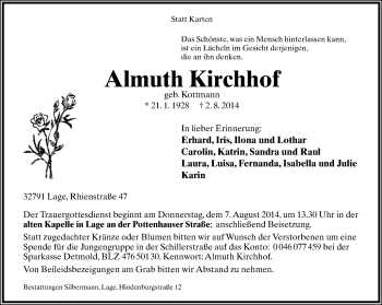 Anzeige  Almuth Kirchhof  Lippische Landes-Zeitung