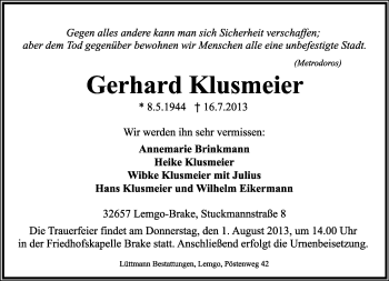 Anzeige  Gerhard Klusmeier  Lippische Landes-Zeitung