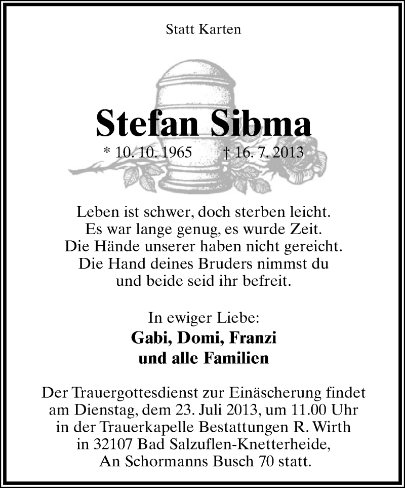  Traueranzeige für Stefan Sibma vom 20.07.2013 aus Lippische Landes-Zeitung