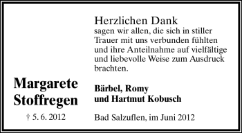 Anzeige  Margarete Stoffregen  Lippische Landes-Zeitung