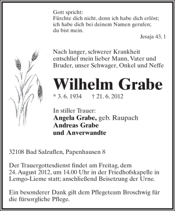 Anzeige  Wilhelm Grabe  Lippische Landes-Zeitung