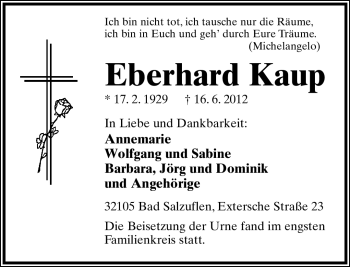 Anzeige  Eberhard Kaup  Lippische Landes-Zeitung