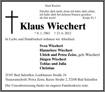 Anzeige  Klaus Wiechert  Lippische Landes-Zeitung