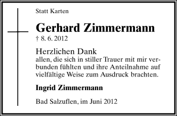 Anzeige  Gerhard Zimmermann  Lippische Landes-Zeitung