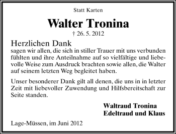 Anzeige  Walter Tronina  Lippische Landes-Zeitung