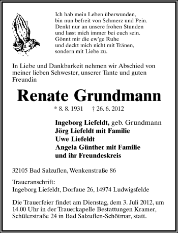 Anzeige  Renate Grundmann  Lippische Landes-Zeitung