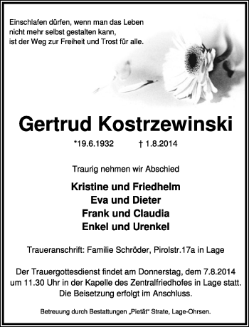 Anzeige  Gertrud Kostrzewinski  Lippische Landes-Zeitung
