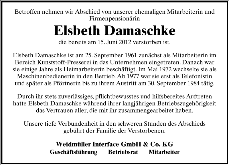  Traueranzeige für Elsbeth Damaschke vom 30.06.2012 aus Lippische Landes-Zeitung