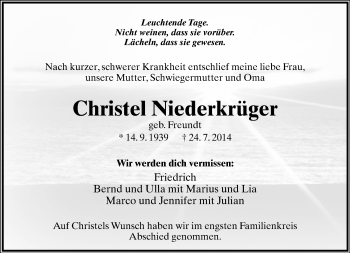 Anzeige  Christel  Niederkrüger  Lippische Landes-Zeitung