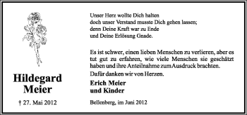 Anzeige  Hildegard Meier  Lippische Landes-Zeitung