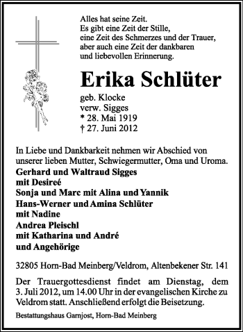 Anzeige  Erika Schlüter  Lippische Landes-Zeitung