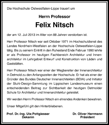 Anzeige  Felix Nitsch  Lippische Landes-Zeitung