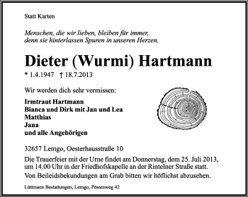 Anzeige  Dieter Hartmann  Lippische Landes-Zeitung