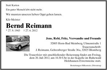 Anzeige  Bernd Reimann  Lippische Landes-Zeitung
