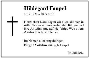 Anzeige  Hildegard Faupel  Lippische Landes-Zeitung