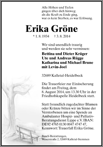 Anzeige  Erika Gröne  Lippische Landes-Zeitung