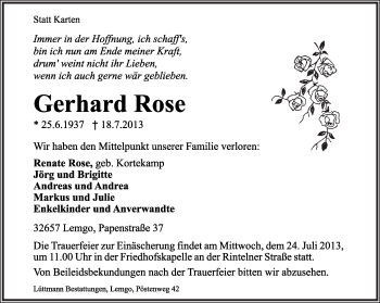 Anzeige  Gerhard Rose  Lippische Landes-Zeitung