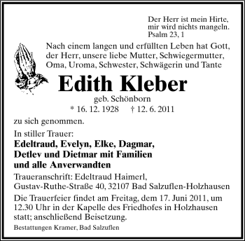 Anzeige  Edith Kleber  Lippische Landes-Zeitung