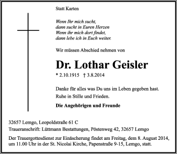 Anzeige  Lothar Geisler  Lippische Landes-Zeitung