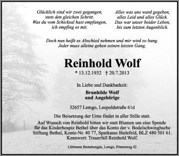 Anzeige  Reinhold Wolf  Lippische Landes-Zeitung