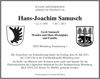 Anzeige  Hans-Joachim Samusch  Lippische Landes-Zeitung