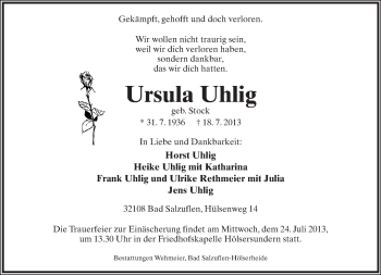 Anzeige  Ursula Uhlig  Lippische Landes-Zeitung