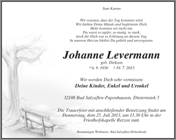 Anzeige  Johanne Levermann  Lippische Landes-Zeitung