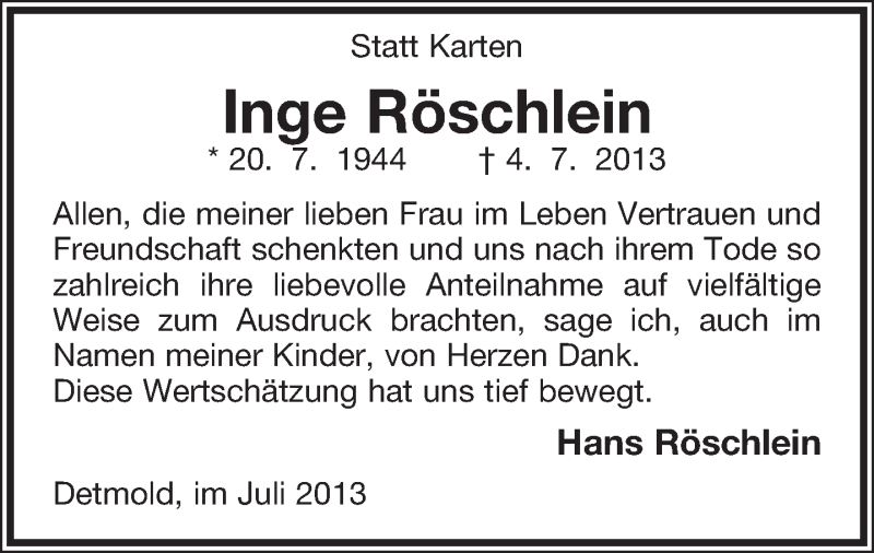  Traueranzeige für Inge Röschlein vom 27.07.2013 aus Lippische Landes-Zeitung