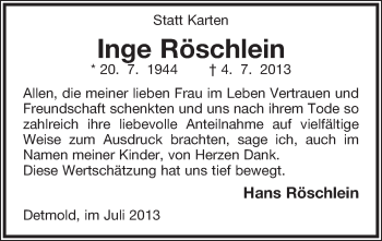 Anzeige  Inge Röschlein  Lippische Landes-Zeitung