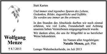 Anzeige  Wolfgang Menze  Lippische Landes-Zeitung