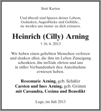 Anzeige  Heinrich Arning  Lippische Landes-Zeitung