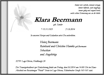 Anzeige  Klara Beermann  Lippische Landes-Zeitung