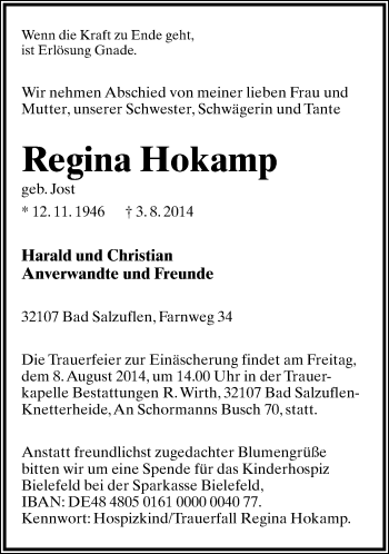 Anzeige  Regina Hokamp  Lippische Landes-Zeitung