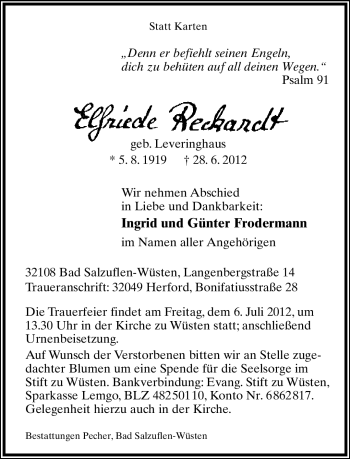 Anzeige  Elfriede Reckardt  Lippische Landes-Zeitung