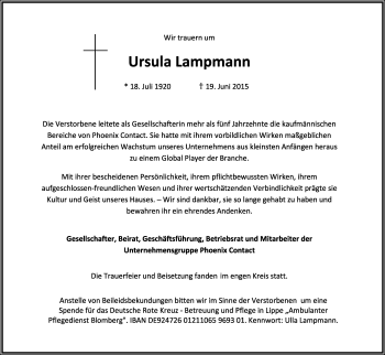 Anzeige  Ursula Lampmann  Lippische Landes-Zeitung
