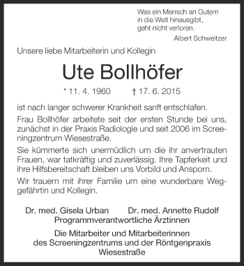 Anzeige  Ute Bollhöfer  Lippische Landes-Zeitung