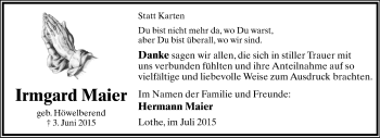 Anzeige  Irmgard Maier  Lippische Landes-Zeitung