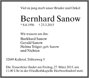 Anzeige  Bernhard Sanow  Lippische Landes-Zeitung