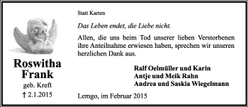 Anzeige  Roswitha Frank  Lippische Landes-Zeitung