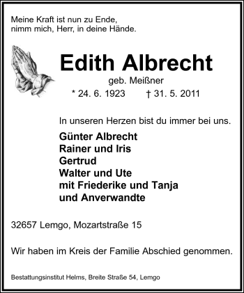 Anzeige  Edith Albrecht  Lippische Landes-Zeitung