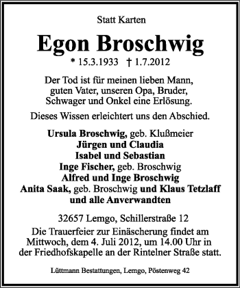 Anzeige  Egon Broschwig  Lippische Landes-Zeitung