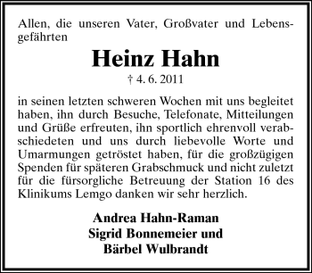 Anzeige  Heinz Hahn  Lippische Landes-Zeitung