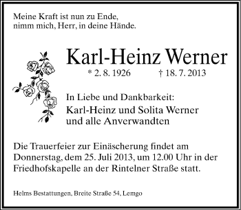 Anzeige  Karl-Heinz Werner  Lippische Landes-Zeitung