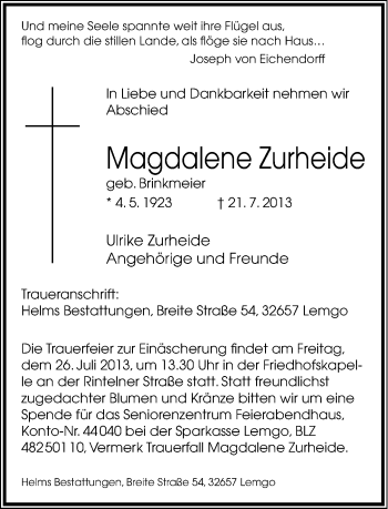 Anzeige  Magdalene Zurheide  Lippische Landes-Zeitung