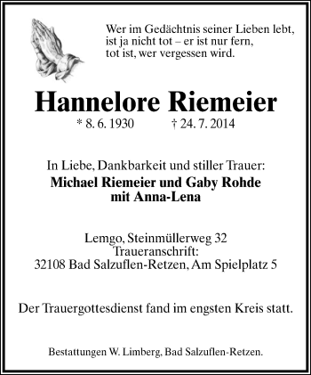 Anzeige  Hannelore  Riemeier  Lippische Landes-Zeitung