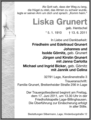 Anzeige  Liska Grunert  Lippische Landes-Zeitung