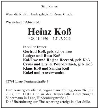 Anzeige  Heinz Koß  Lippische Landes-Zeitung