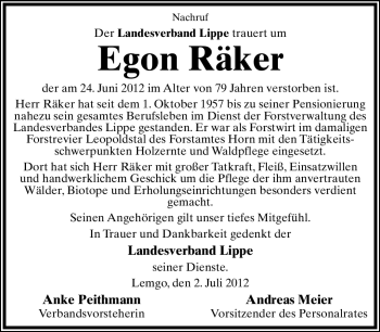 Anzeige  Egon Räker  Lippische Landes-Zeitung