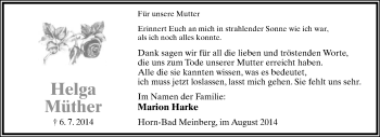 Anzeige  Helga Müther  Lippische Landes-Zeitung