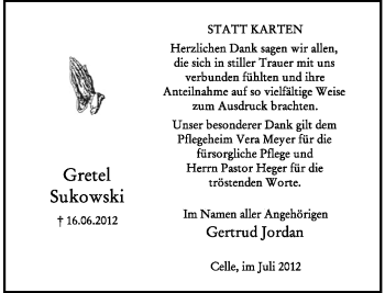 Anzeige  Gretel Sukowski  Lippische Landes-Zeitung